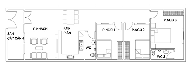 Bản vẽ mẫu xây dựng nhà cấp 4 diện tích 5x20m 3 phòng ngủ