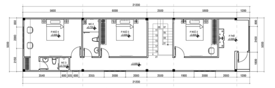 Mặt bằng tầng 2 mẫu nhà ống 2 tầng 4 phòng ngủ hiện đại