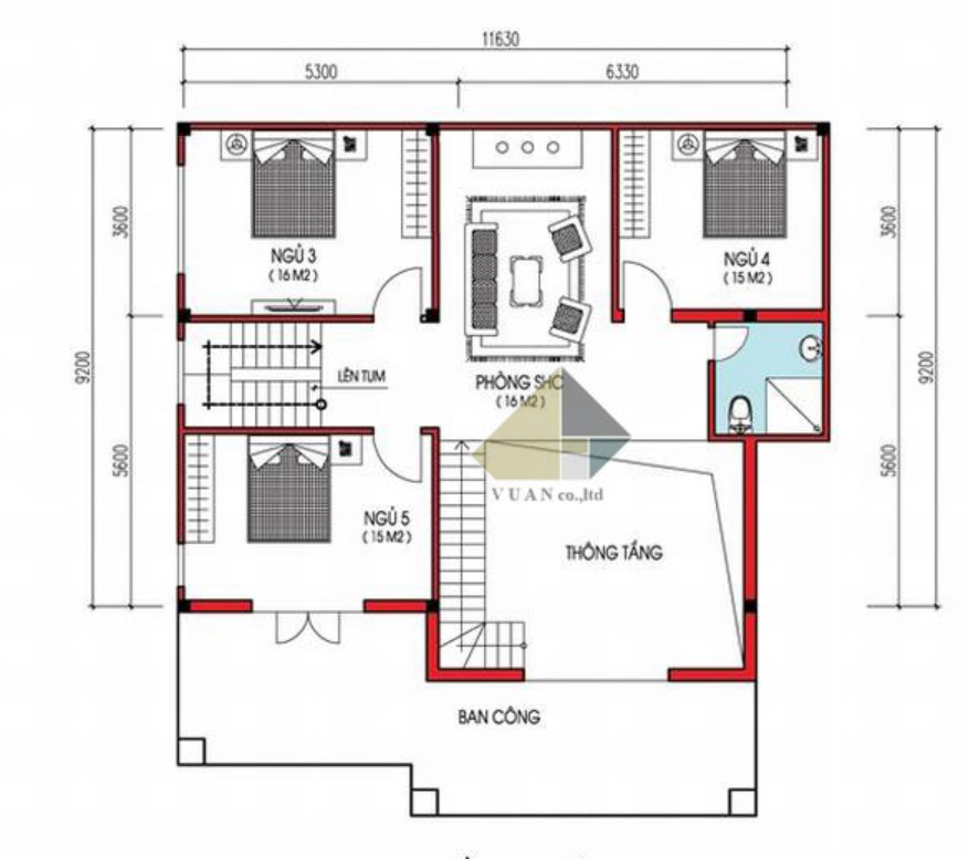 Bản vẽ mặt bằng tầng 2 ngôi nhà 2 tầng chỉ với 600 triệu