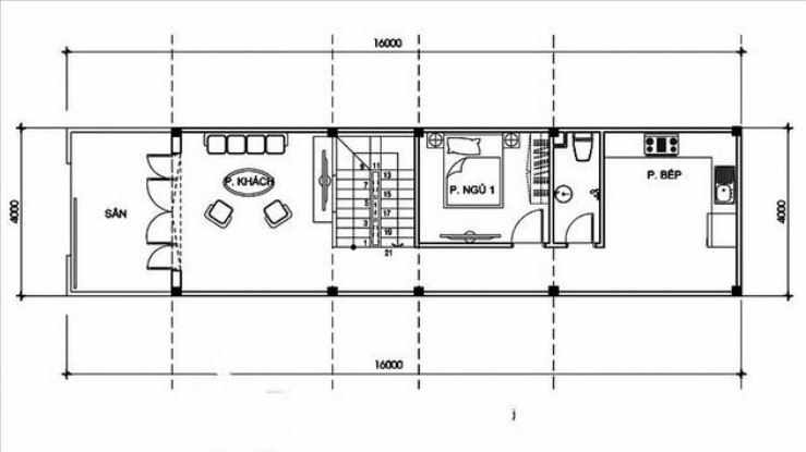 Mặt bằng tầng trệt của ngôi nhà 4x12m.