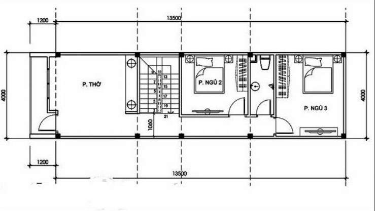 Mặt bằng lầu 1 ngôi nhà phố 4x12m.