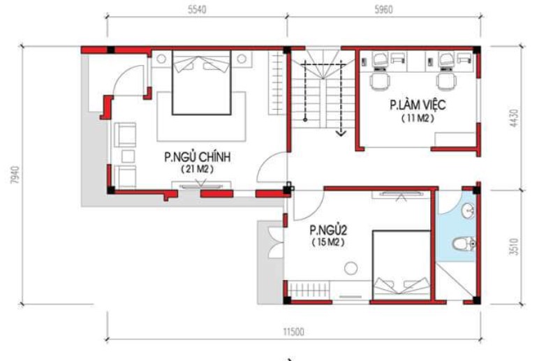 Mặt bằng tầng 2 nhà 2 tầng 500 triệu