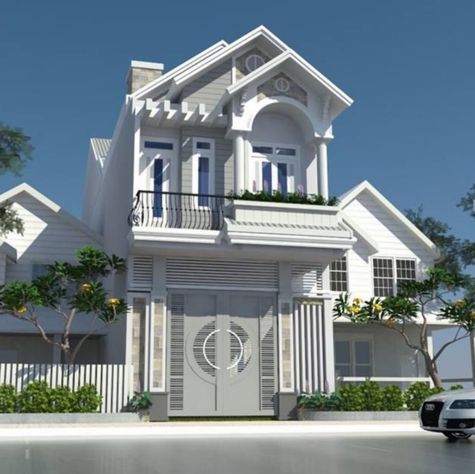 Nhà ống 2 tầng mái thái lệch mặt tiền